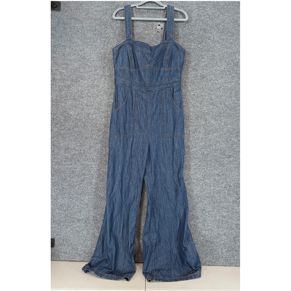 Anthropologie Denim Jumpsuit Womens 8 Blue Wide Leg Flare Sleeveless Ottawa